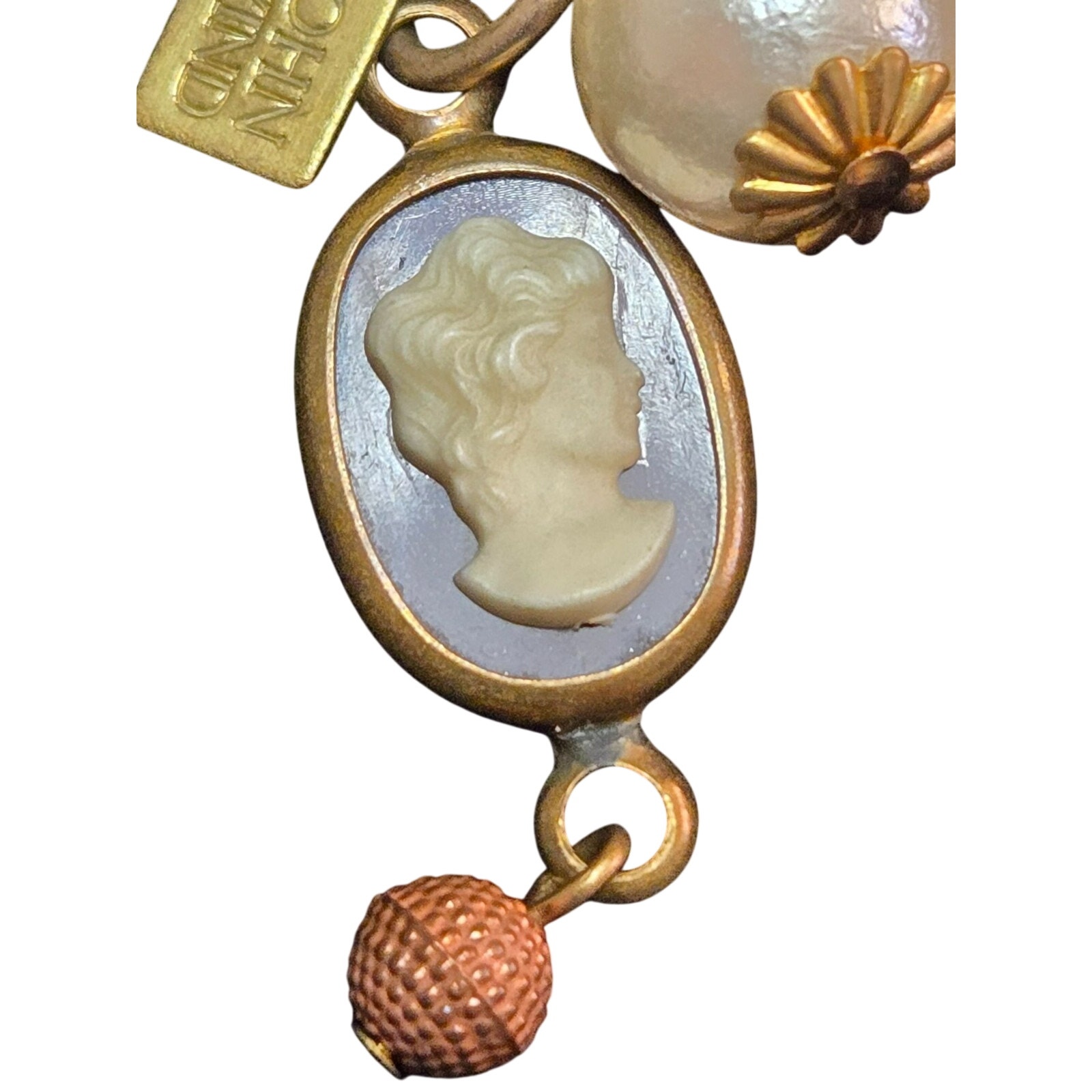 Vintage John Wind Safety Pin Brooch With Key, Cameo, Faux Pearl Charms — image 3 of 4